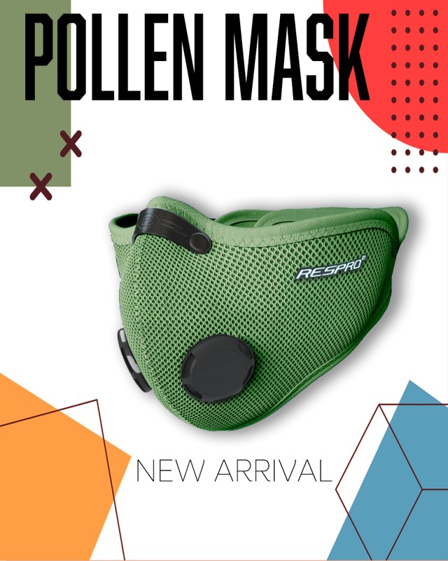 A green Respro® Pollen Mask displayed against a colourful geometric background, emphasising its new arrival status.